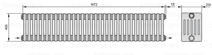 Схема (чертеж) Радиатор Zehnder Charleston 6040/32 №2670 Белый глянцевый RAL 9016